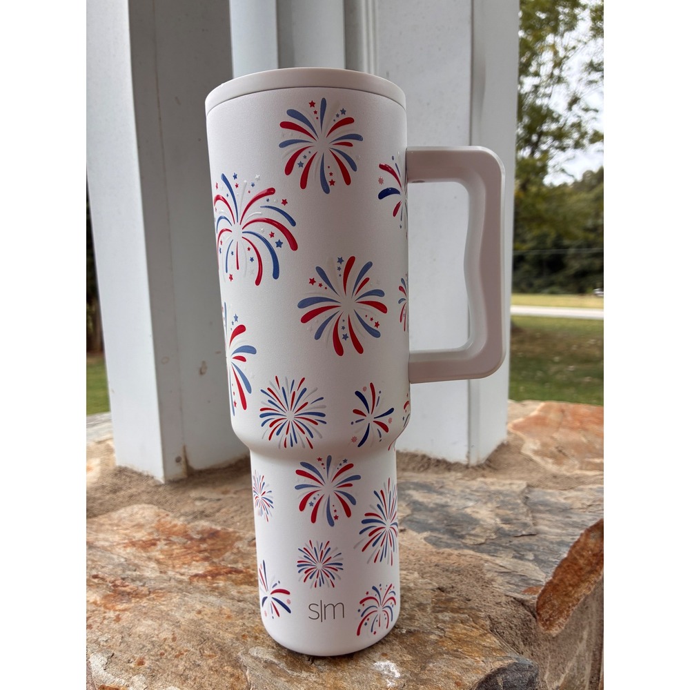 Simple Modern 40oz Trek Tumbler Fireworks Red White Blue Patriotic White Handle